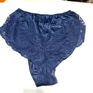 Vintage St Michael's Lace Nylon Navy Blue Panties Silky Shiny High Cut sz M UK